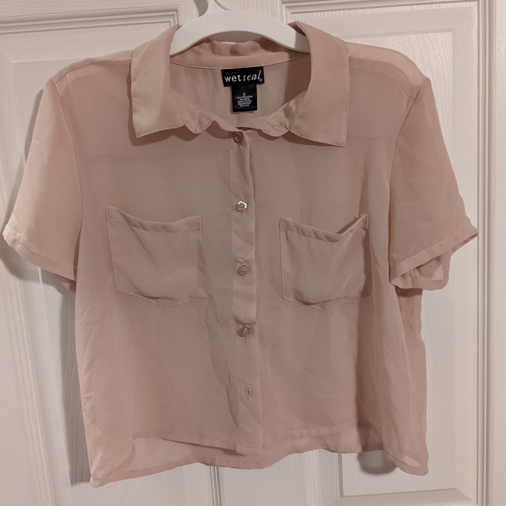 Small sheer nude button-up crop top